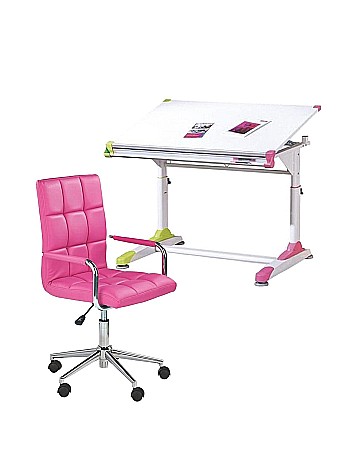Set birou ergonomic HM Collorido, inaltime reglabila, unghi inclinare ajustabil, MDF, alb si scaun birou HM Gonzo 2, piele ecologica, Mecanism de balans, 90 Kg, roz
