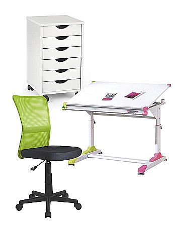 Back to School - Set birou ergonomic HM Collorido inaltime reglabila, unghi inclinare ajustabil, cu scaun HM Dingo verde, mesh, 80 kg si dulapior rulant HM Simon 2, cu roti, front MDF, alb