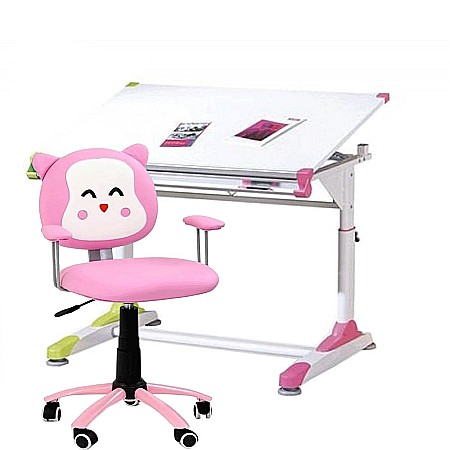 Back to School - Set birou ergonomic HM Collorido, inaltime reglabila, unghi inclinare ajustabil, MDF, alb si scaun birou HM Kitty, piele ecologica, Mecanism de balans, 80 Kg, roz