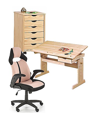 Back to School - Set birou ergonomic HM Julia inaltime reglabila, unghi inclinare ajustabil, cu scaun HM Bloom roz/negru, stofa/mesh, 100 kg si dulapior rulant HM Nils, cu roti, lemn, natur