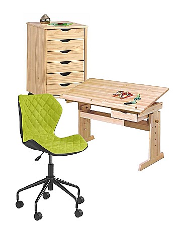 Back to School - Set birou ergonomic HM Julia inaltime reglabila, unghi inclinare ajustabil, cu scaun HM Matrix negru/verde, stofa, 100 kg si dulapior rulant HM Nils, cu roti, lemn, natur