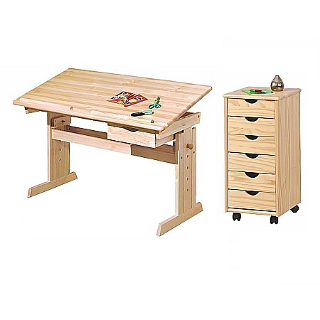 Set birou ergonomic pentru copii HM Julia, inaltime reglabila, unghi inclinare ajustabil, lemn si dulapior HM Nils, roti, sertare, natur [1]