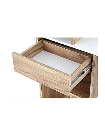 Set birou HM Conti, rafturi, sertar, PAL melaminat, 122x57x90 cm, stejar/alb si scaun copii HM Bloom, stofa/mesh, mecanism de balans, cotiere rabatabile, Gri/Negru [3]