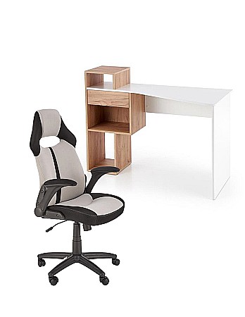 Back to School - Set birou HM Conti, rafturi, sertar, PAL melaminat, 122x57x90 cm, stejar/alb si scaun copii HM Bloom, stofa/mesh, mecanism de balans, cotiere rabatabile, Gri/Negru