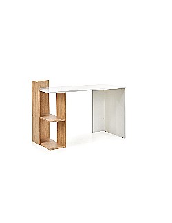 Set birou HM Fino, 2 rafturi, PAL melaminat, 122x57x85 cm, stejar auriu si scaun copii HM Gonzo 2, Ergonomic, tapitat cu piele ecologica, cu brate, 90 Kg, Alb [1]