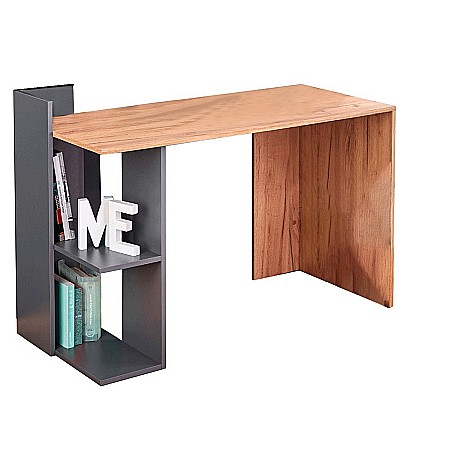 Set birou HM Fino, 2 rafturi, PAL melaminat, 122x57x85 cm, stejar/gri antracit si scaun copii HM Doral, tapiterie stofa tip catifea, baza cromata, cu brate, 90 kg, gri inchis [1]