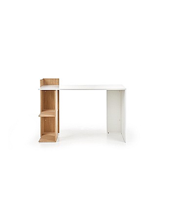 Set birou HM Fino, 2 rafturi, PAL melaminat, 122x57x85 cm, stejar auriu si scaun copii HM Gonzo 2, Ergonomic, tapitat cu piele ecologica, cu brate, 90 Kg, Alb [2]