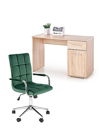 Back to School - Set birou HM Lima B1, cu usa si sertar, PAL melaminat, 120x55x75 cm, stejar sonoma si scaun HM Gonzo 4, stofa tip catifea, mecanism de balans, cadru cromat, 90 kg, verde
