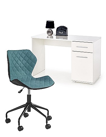 Back to School - Set birou HM Lima B1, cu usa si sertar, PAL melaminat, 120x55x75 cm, alb si scaun copii HM Matrix, Ergonomic, Stofa/Piele ecologica, 100 Kg, Negru/Turcoaz