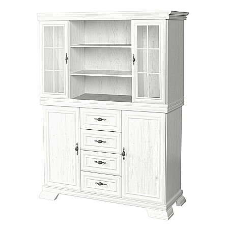 Set comoda living si dormitor, VM3, 4 sertare, 2 usi si vitrina suprapozabila VMN4, 2 usi, 2 polite, Pal melaminat, cu insertii MDF, Alb Antichizat [1]