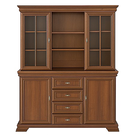 Set comoda living si dormitor, VM3, 4 sertare, 2 usi si vitrina suprapozabila VMN4, 2 usi, 2 polite, Pal melaminat, cu insertii MDF, Nuc [1]