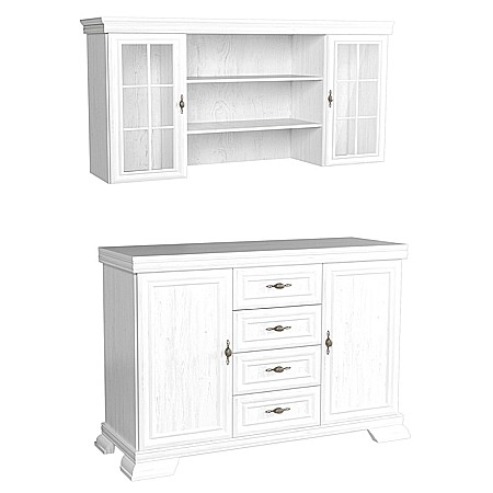 Set comoda living si dormitor, VM3, 4 sertare, 2 usi si vitrina suprapozabila VMN4, 2 usi, 2 polite, Pal melaminat, cu insertii MDF, Alb Antichizat [2]