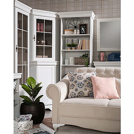 Set comoda living si dormitor, VM3, 4 sertare, 2 usi si vitrina suprapozabila VMN4, 2 usi, 2 polite, Pal melaminat, cu insertii MDF, Alb Antichizat [9]