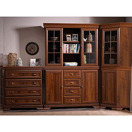 Set comoda living si dormitor, VM3, 4 sertare, 2 usi si vitrina suprapozabila VMN4, 2 usi, 2 polite, Pal melaminat, cu insertii MDF, Nuc [3]