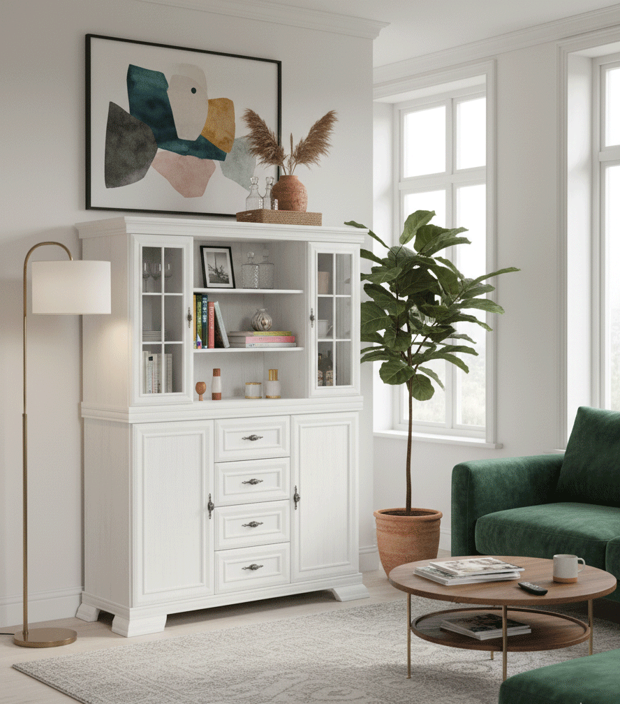 Seturi comode living si dormitor - Set comoda living si dormitor, VM3, 4 sertare, 2 usi si vitrina suprapozabila VMN4, 2 usi, 2 polite, Pal melaminat, cu insertii MDF, Alb Antichizat