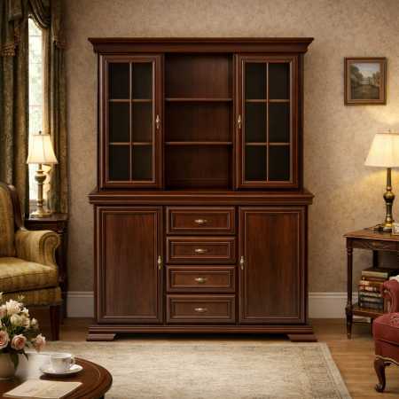 Dulapuri - Set comoda living si dormitor, VM3, 4 sertare, 2 usi si vitrina suprapozabila VMN4, 2 usi, 2 polite, Pal melaminat, cu insertii MDF, Nuc