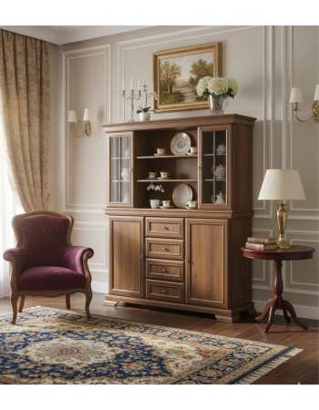 Seturi comode living si dormitor - Set comoda living si dormitor, VM3, 4 sertare, 2 usi si vitrina suprapozabila VMN4, 2 usi, 2 polite, Pal melaminat, cu insertii MDF, Nuc
