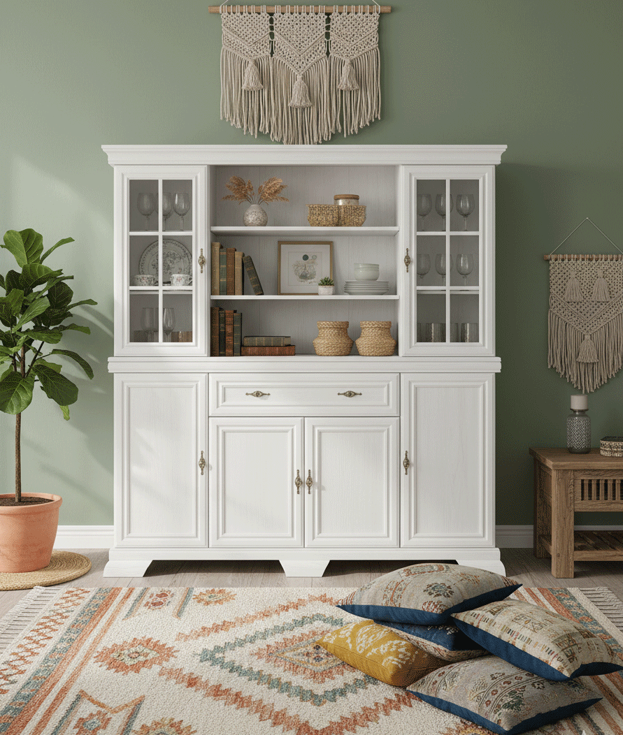 Set comoda living VM4 si vitrina VMN5, Alb Antichizat