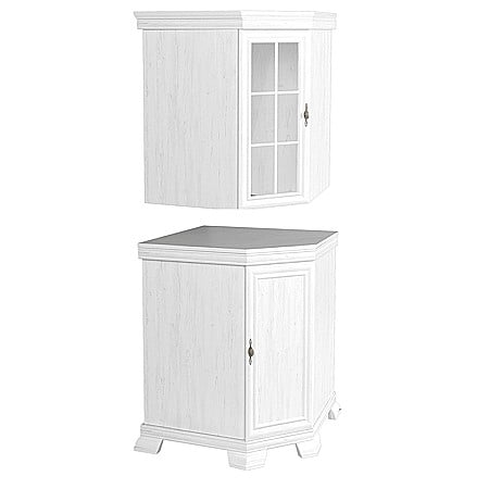 Set comoda pe colt pentru living VMN1, cu o usa, o polita si vitrina suprapozabila VMNN1, o usa, 2 polite, Pal Melaminat, cu elemente din MDF, Alb Antichizat [2]