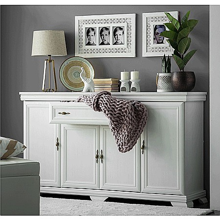 Set comoda pe colt pentru living VMN1, cu o usa, o polita si vitrina suprapozabila VMNN1, o usa, 2 polite, Pal Melaminat, cu elemente din MDF, Alb Antichizat [13]