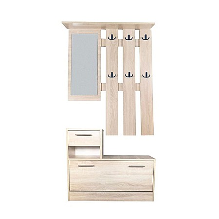 Seturi mobilier hol - Set cuier si pantofar cu oglinda GN Filip, Pal Melaminat, 12 agatatori, usa rabatabila, polita, stejar