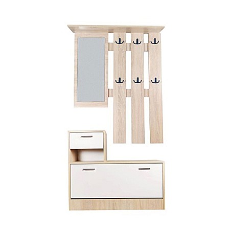Seturi mobilier hol - Set cuier si pantofar cu oglinda GN Filip, Pal Melaminat, 12 agatatori, usa rabatabila, polita, stejar/alb