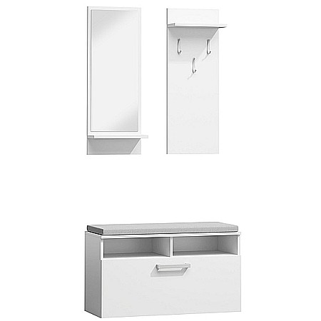 Seturi mobilier hol - Set cuier si pantofar cu oglinda SL P003, Pal Melaminat, 3 agatatori, banca, spatiu depozitare, polita, alb