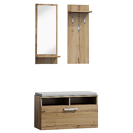 Set cuier si pantofar cu oglinda SL P003, Pal Melaminat, 3 agatatori, banca, spatiu depozitare, polita, stejar wotan
