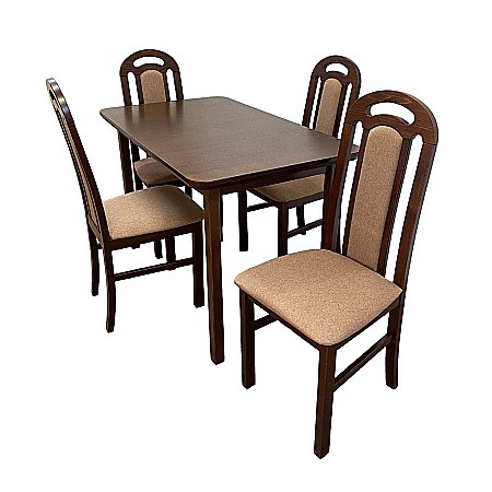 Mese Scaune - Set masa extensibila lemn masiv, living si bucatarie, DM4 Maxima, blat MDF Furniruit, colturi rotunjite, 120-150x70x76 cm si 4 scaune DM Biano, lemn, stofa, 120 kg, nuc
