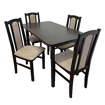 Produse in stoc - Set masa extensibila lemn masiv, living si bucatarie, DM4 Maxima, blat MDF Furniruit, colturi rotunjite, 120-150x70x76 cm si 4 scaune DM7 Boston, lemn, stofa, 120 kg, wenge