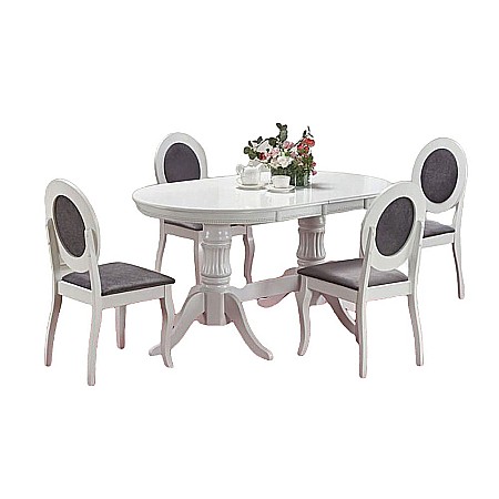 Mese cu scaune - Set masa extensibila living HM Joseph, blat MDF, 150-190x90x77 cm si 4 scaune HM Barock, lemn masiv, stofa, 100 kg, alb