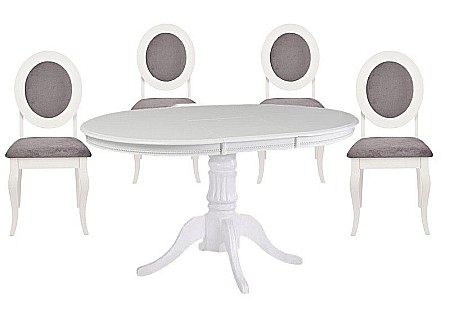 Mese cu scaune - Set masa extensibila living si bucatarie HM William, blat MDF, 90-124x90x75 cm si 4 scaune HM Barock, lemn masiv, stofa, 100 kg, alb