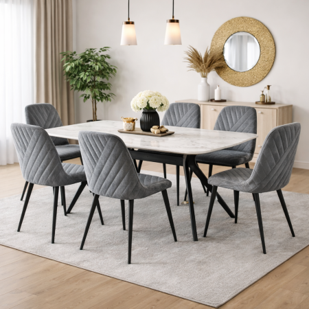 Mese cu scaune - Set masa living Elegant FDT4, blat caramica, structura metalica, 140x80x75 cm, alb/maro si 6 scaune Doina FDC2, tapiterie catifea, 90 kg, gri