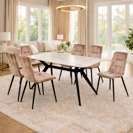 Mese cu scaune - Set masa living Elegant FDT4, blat caramica, structura metalica, 140x80x75 cm, alb/maro si 6 scaune Rizea FDC4, tapiterie catifea, 90 kg, bej