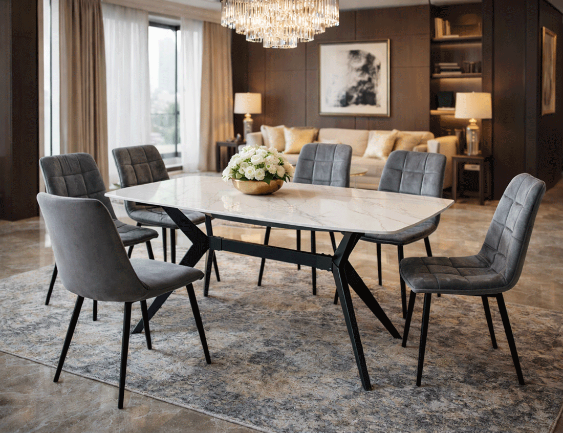 Mese cu scaune - Set masa living Elegant FDT4, blat ceramica, structura metalica, 140x80x75 cm, alb/gri si 6 scaune Rizea FDC4, tapiterie catifea, 90 kg, gri