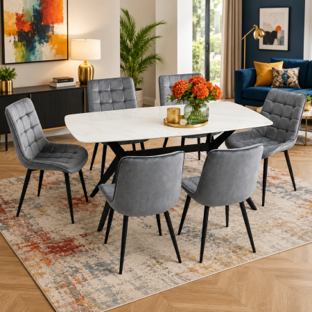 Mese cu scaune - Set masa living Elegant FDT4, blat ceramica, structura metalica, 140x80x75 cm, alb/gri si 6 scaune Gloria FDC20, tapiterie catifea, 90 kg, gri