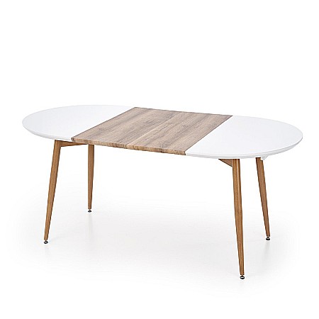 Set masa living extensibila HM Edward, blat MDF, structura metalica, ovala, 120-200x100x75 cm alb/stejar si 4 scaune HM K214, piele ecologica, 100 kg, bej [6]