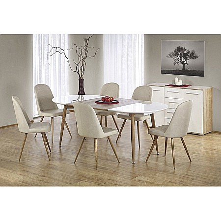 Mese - Set masa living extensibila HM Edward, blat MDF, structura metalica, ovala, 120-200x100x75 cm alb/stejar si 4 scaune HM K214, piele ecologica, 100 kg, bej