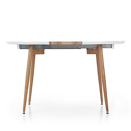 Set masa living extensibila HM Edward, blat MDF, structura metalica, ovala, 120-200x100x75 cm alb/stejar si 4 scaune HM K214, piele ecologica, 100 kg, bej [9]