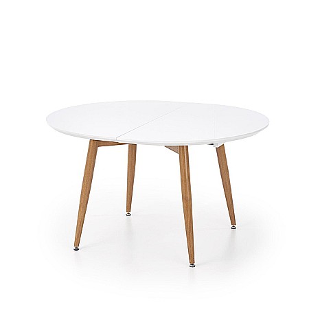 Set masa living extensibila HM Edward, blat MDF, structura metalica, ovala, 120-200x100x75 cm alb/stejar si 4 scaune HM K214, piele ecologica, 100 kg, bej [4]