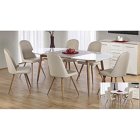 Set masa living extensibila HM Edward, blat MDF, structura metalica, ovala, 120-200x100x75 cm alb/stejar si 4 scaune HM K214, piele ecologica, 100 kg, bej [2]