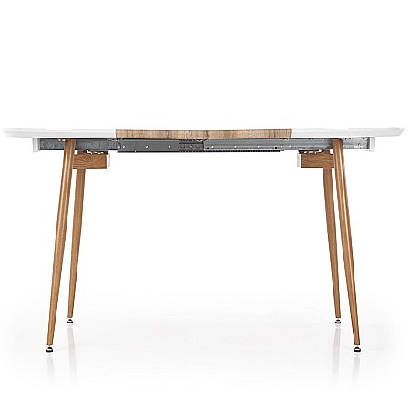 Set masa living extensibila HM Edward, blat MDF, structura metalica, ovala, 120-200x100x75 cm alb/stejar si 4 scaune HM K214, piele ecologica, 100 kg, bej [10]