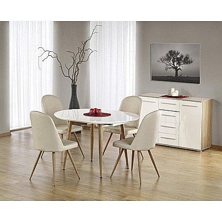 Set masa living extensibila HM Edward, blat MDF, structura metalica, ovala, 120-200x100x75 cm alb/stejar si 4 scaune HM K214, piele ecologica, 100 kg, bej [1]