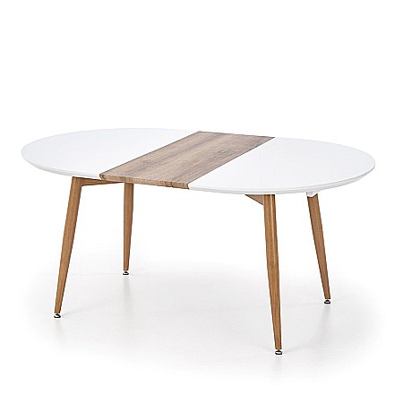 Set masa living extensibila HM Edward, blat MDF, structura metalica, ovala, 120-200x100x75 cm alb/stejar si 4 scaune HM K214, piele ecologica, 100 kg, bej [5]