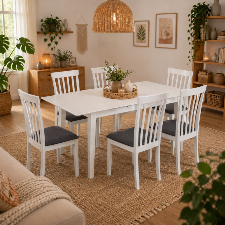 Produse in stoc - Set masa living extensibila Miami, MDF, lemn masiv, 120/150 x 80 x 73.8 cm si 6 scaune Houston, stofa,100 kg, 94x49x40 cm, alb/gri