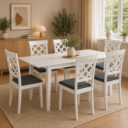 Produse in stoc - Set masa living extensibila Miami, MDF, lemn masiv, 120/150 x 80 x 73.8 cm si 6 scaune Vienna, tapitat stofa, 94x49x40 cm, alb/gri