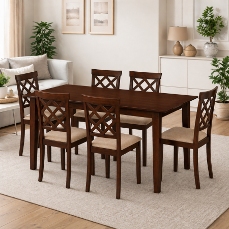 Seturi mese si scaune bucatarie - Set masa living extensibila Miami, MDF, lemn masiv, 120/150 x 80 x 73.8 cm si 6 scaune Vienna, tapitat stofa, 94x49x40 cm, nuc/bej