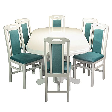 Set masa living extensibila SB Nork, MDF Furniruit, structura lemn masiv, 8 persoane, 198-160x90x74 cm si 6 scaune, tapiterie stofa, lacuit, 120 kg, alb/turcoaz [2]