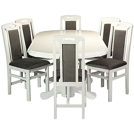 Set masa living extensibila SB Nork, MDF Furniruit, structura lemn masiv, 8 persoane, 198-160x90x74 cm si 6 scaune, tapiterie stofa, lacuit, 120 kg, alb/gri [1]
