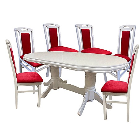 Set masa living extensibila SB Nork, MDF Furniruit, structura lemn masiv, 8 persoane, 198-160x90x74 cm si 6 scaune, tapiterie stofa, lacuit, 120 kg, alb/rosu [6]